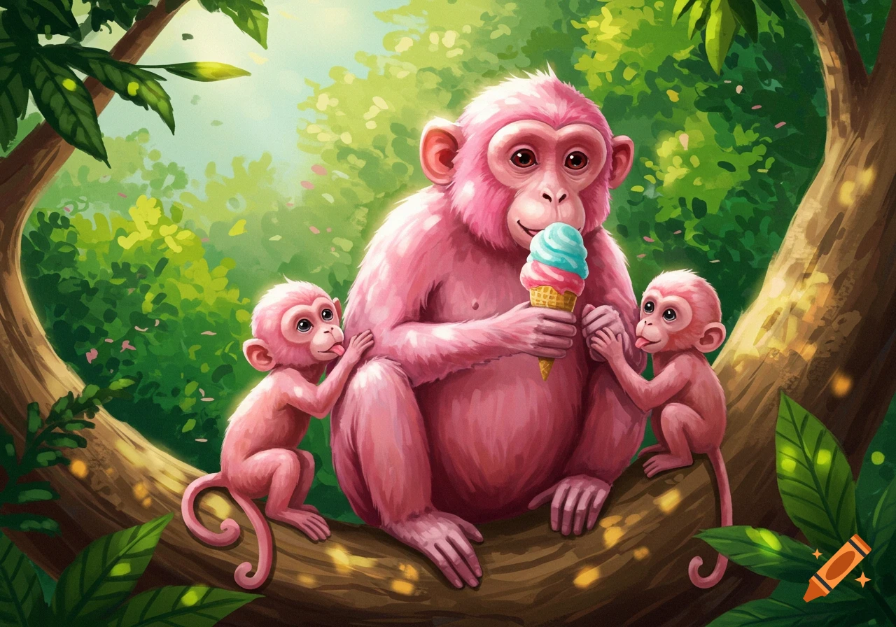 A whimsical illustration of a pink monkey and two baby pink monkeys on a tree branch in a jungle, sharing an ice cream cone.