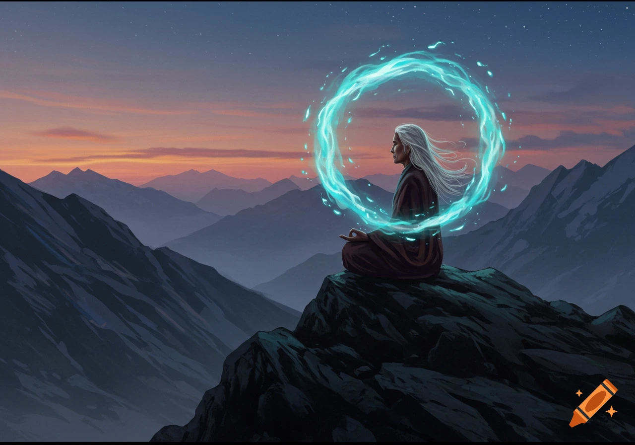 A sage with long white hair meditates on a mountain peak at sunset, surrounded by a glowing blue ring of energy in a fantasy art style.