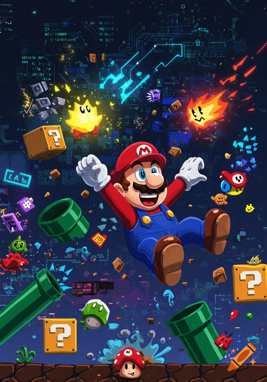 Colorful, stylized illustration of Mario jumping in mid-air amidst Super Mario Bros. items like question blocks, pipes, and stars, against a digital circuit board background.
