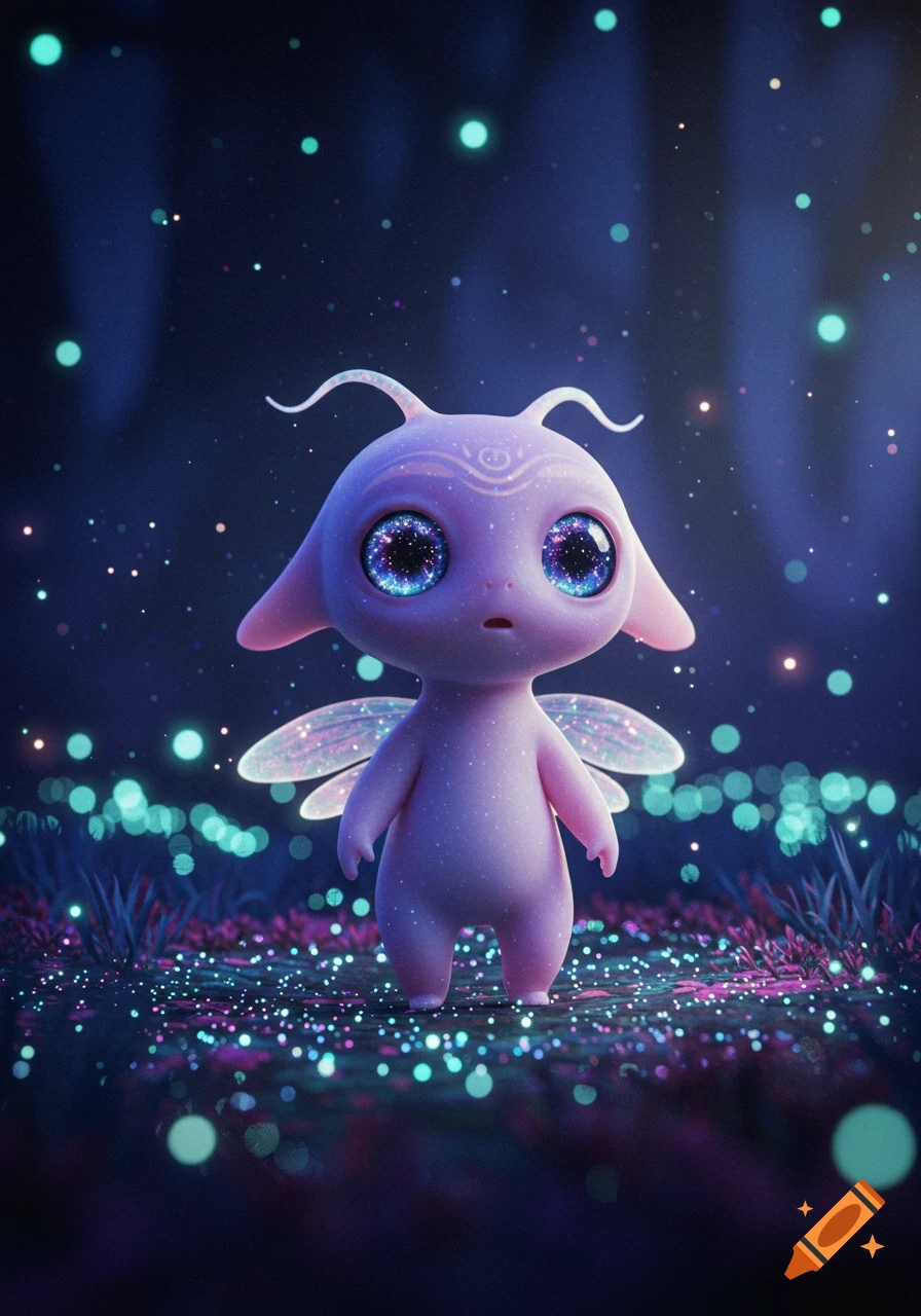 A cute, light pink fairy creature with large, starry eyes and glowing wings stands in a mystical dark forest with sparkling lights.