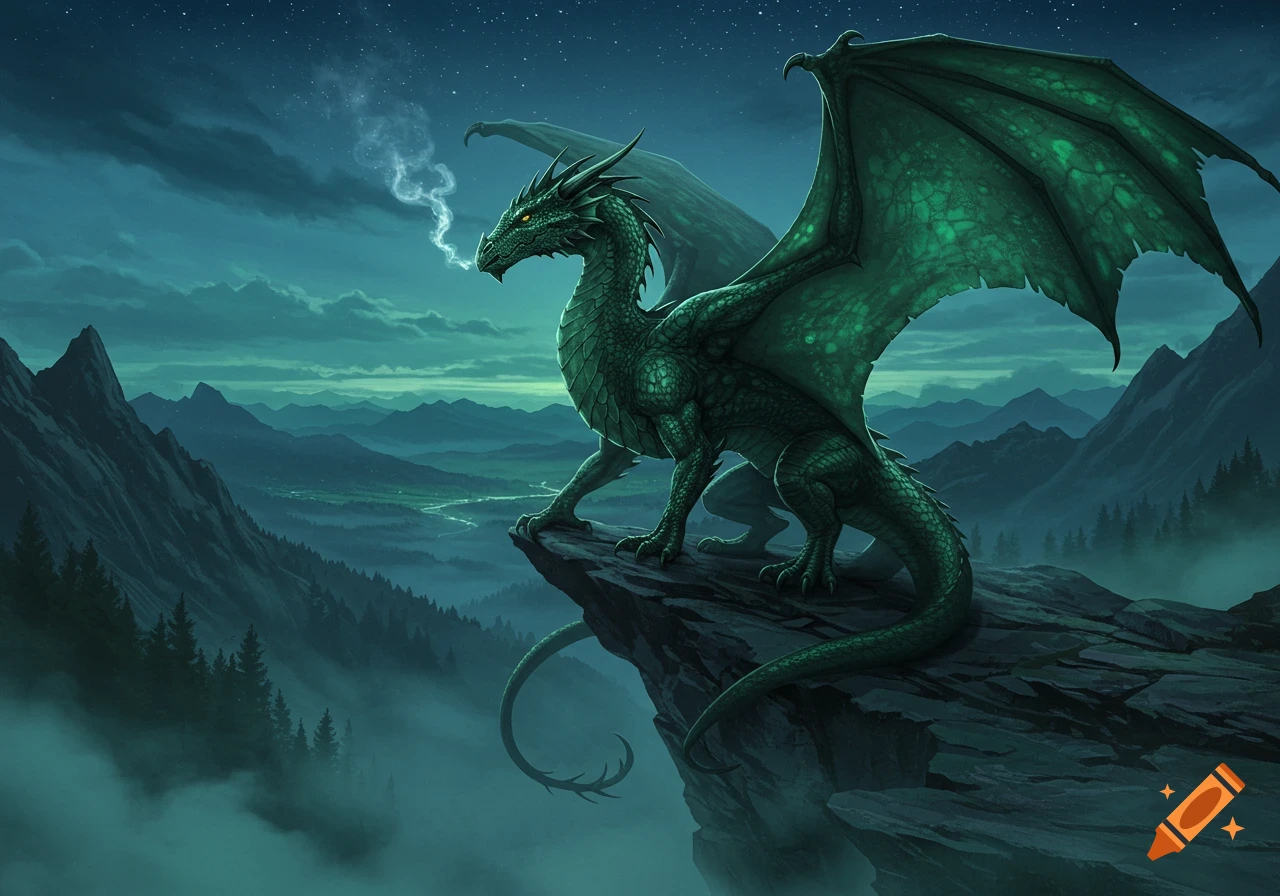 A green dragon with large wings stands on a rocky mountain peak under a starry night sky, breathing smoke.