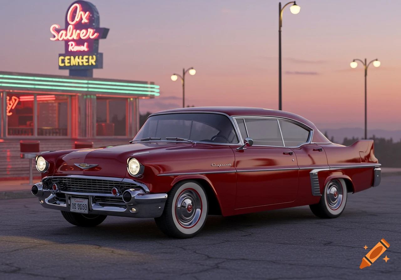 Red vintage car parked in front of a retro neon diner at dusk.