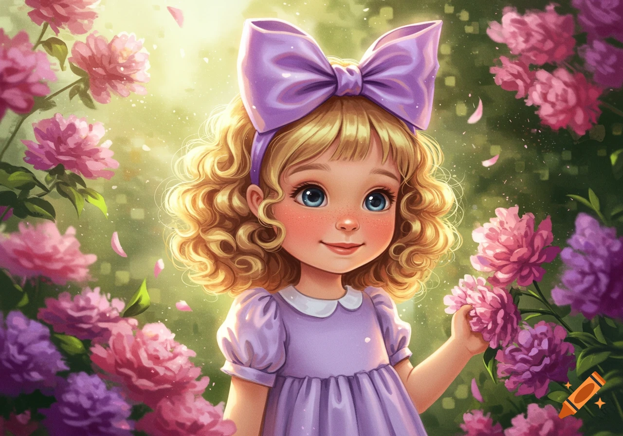 A cartoon girl with blonde curly hair and a purple bow in a lavender dress, smiling among vibrant pink and purple flowers.