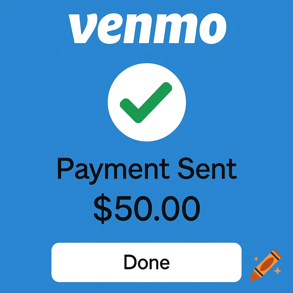 A digital screen displaying a Venmo payment success, showing 'Payment Sent' for $50.00 with a green checkmark.