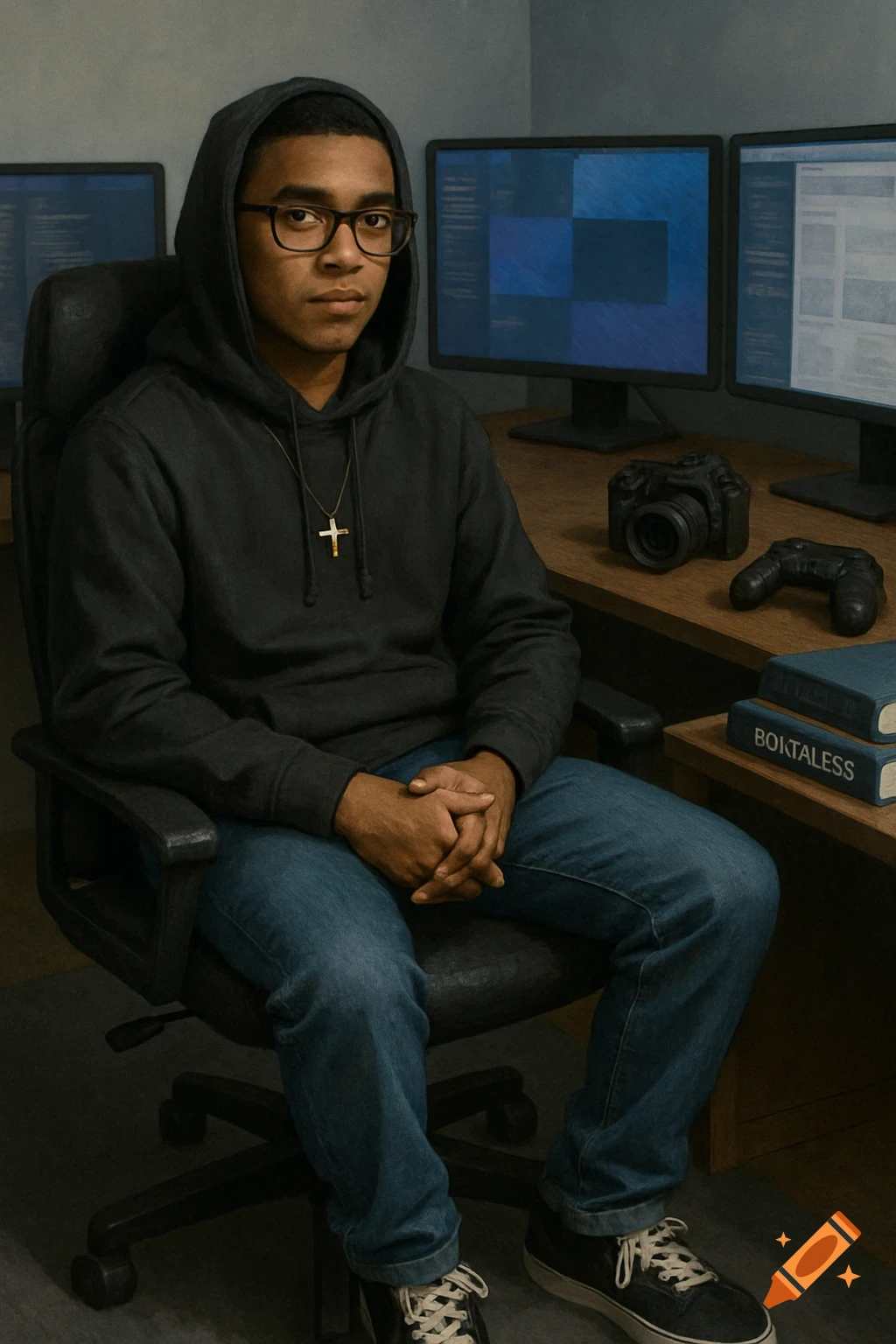 A young man in a black hoodie and jeans sits at a desk with multiple monitors, a camera, and a game controller, looking at the viewer. Photorealistic.