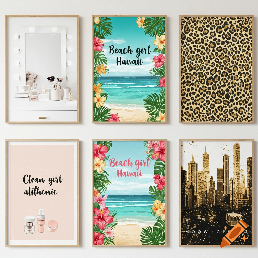 Six framed pictures on a wall. Themes include a vanity, a beach scene with tropical flowers, a cheetah print, beauty products with text, and a golden cityscape.