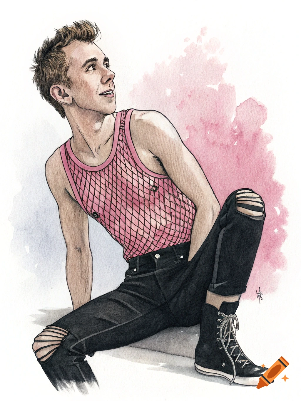 Watercolor and ink illustration of a young man in a pink fishnet tank top, ripped black jeans, and black boots, sitting and looking upwards.