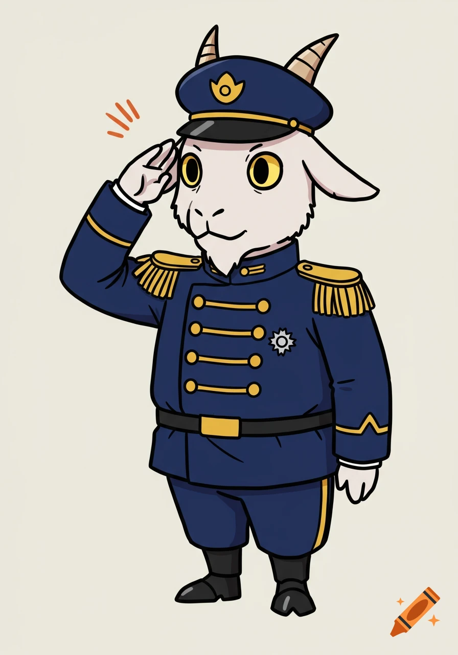 Chibi cartoon anthropomorphic goat in a blue military uniform saluting.