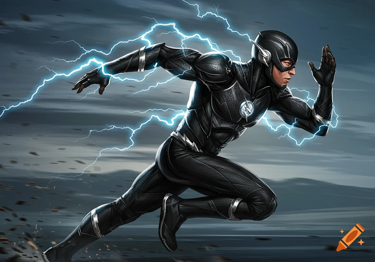 A sprinting speedster in a black suit with silver accents, surrounded by blue lightning, in a dynamic digital art style.