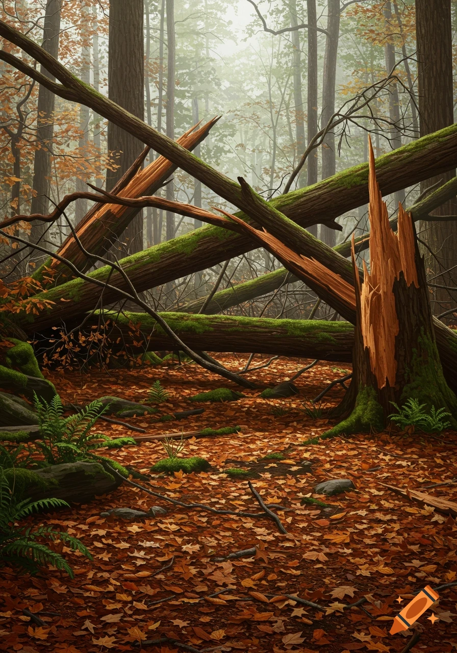 A dense forest floor covered in autumn leaves with fallen, moss-covered tree trunks crisscrossing the scene.