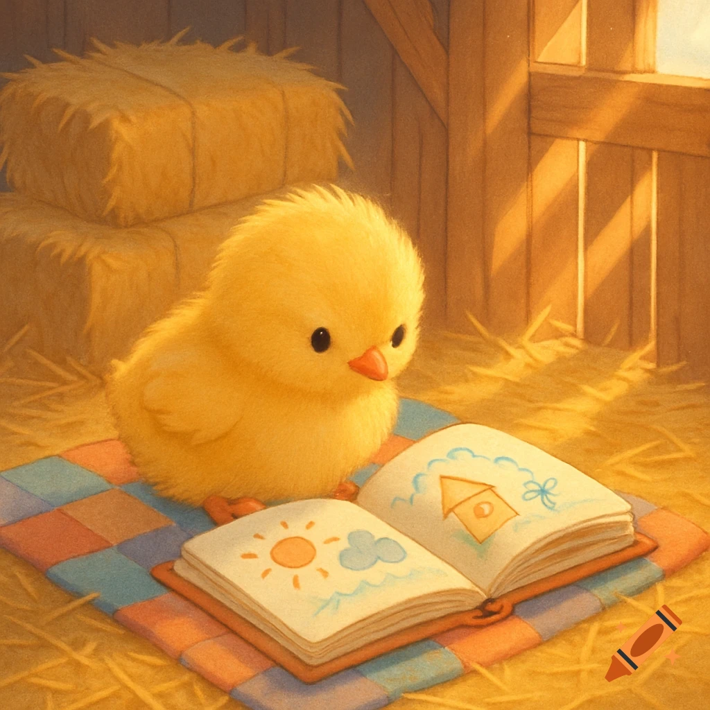 A fluffy yellow chick sits on a checkered blanket in a barn, looking at an open picture book with drawings.