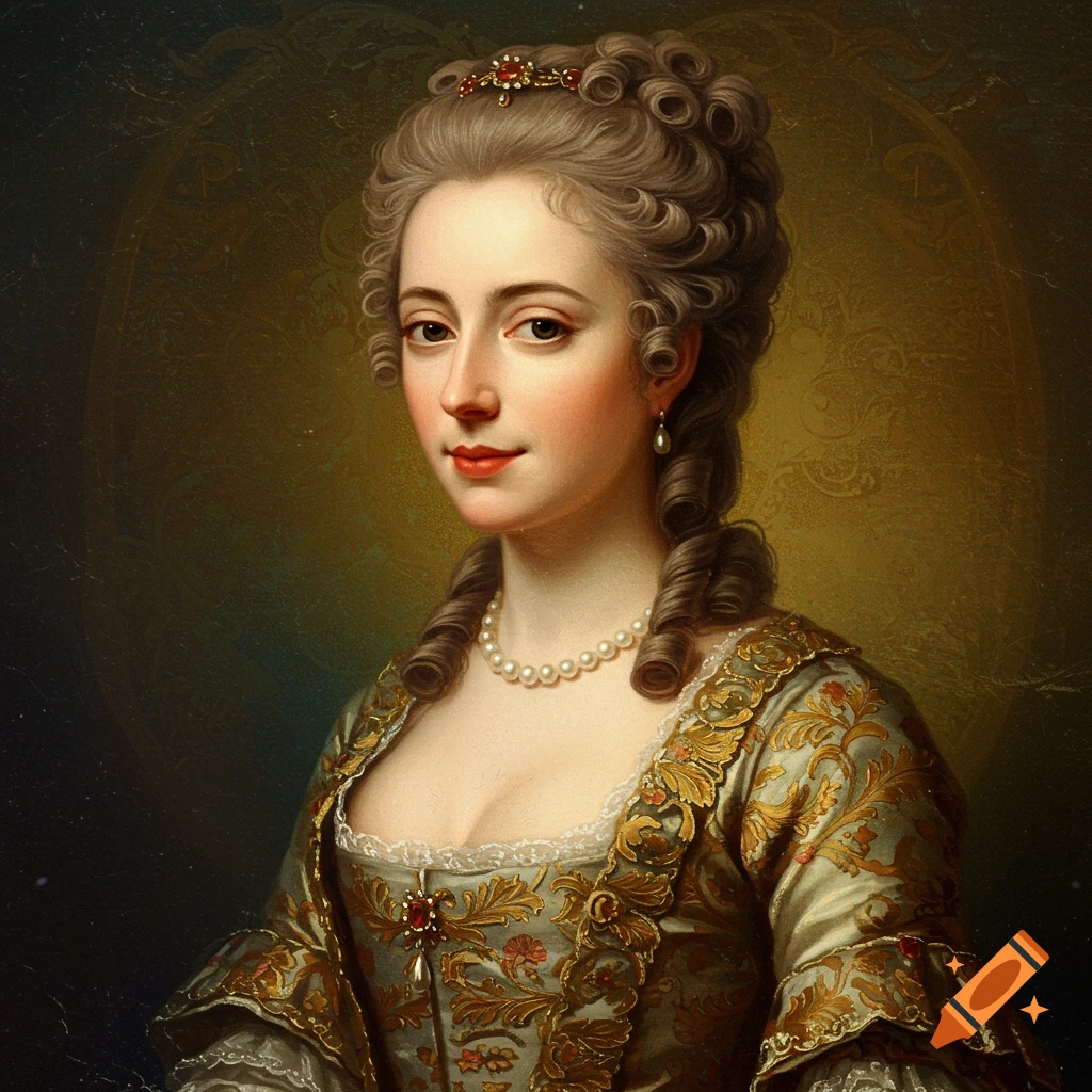 Portrait of an elegant woman in a period dress with pearls and a tiara, rendered in the style of an old painting.