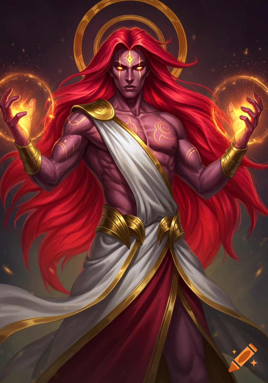 A powerful, muscular man with long, flowing crimson-red hair and glowing yellow eyes. He wears a white and red toga-like garment with gold accents and emanates golden energy from his hands and body.