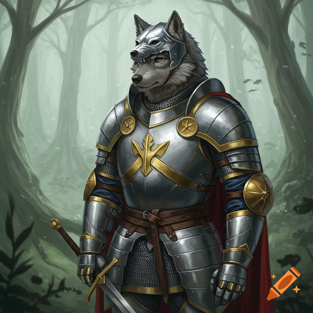A grey wolf in shining knight armor stands in a misty forest, holding a sword.
