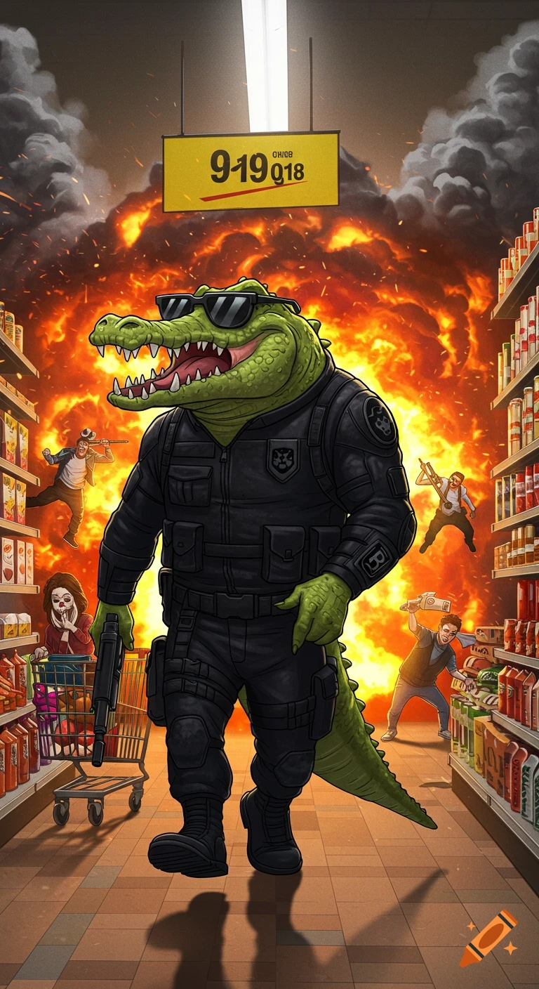 Cartoon crocodile in sunglasses and tactical suit walks through a burning grocery store as people scatter, meme style.