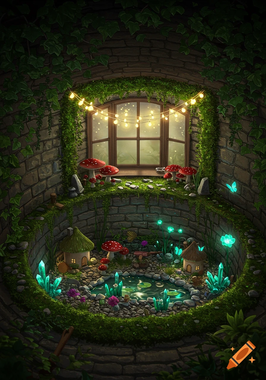 Fantastical fairy garden inside a stone basement egress window well, with moss, glowing crystals, tiny houses, mushrooms, a pond, and string lights.