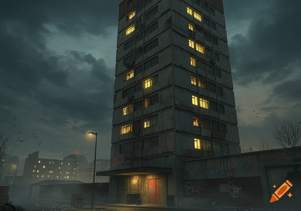 A tall, weathered tower block with glowing windows stands under a dark, gloomy sky in a photorealistic urban night scene.