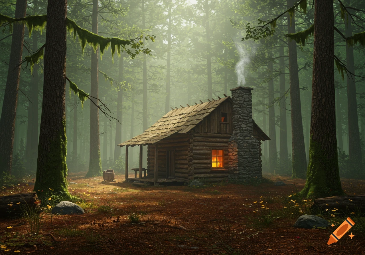 A cozy wooden cabin with a stone chimney smoking, nestled deep in a misty, sunlit forest with tall trees.