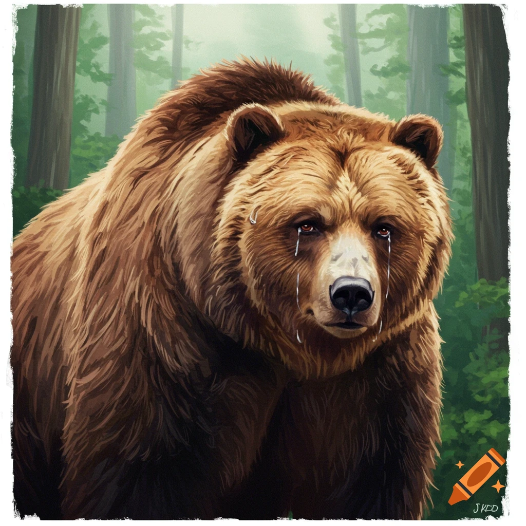 An illustrative painting of a large brown bear with tears streaming down its face, standing in a green forest.