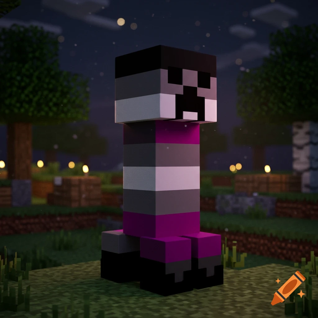 A blocky Minecraft Creeper character striped with black, gray, white, and purple asexual flag colors, standing in a nighttime Minecraft world.