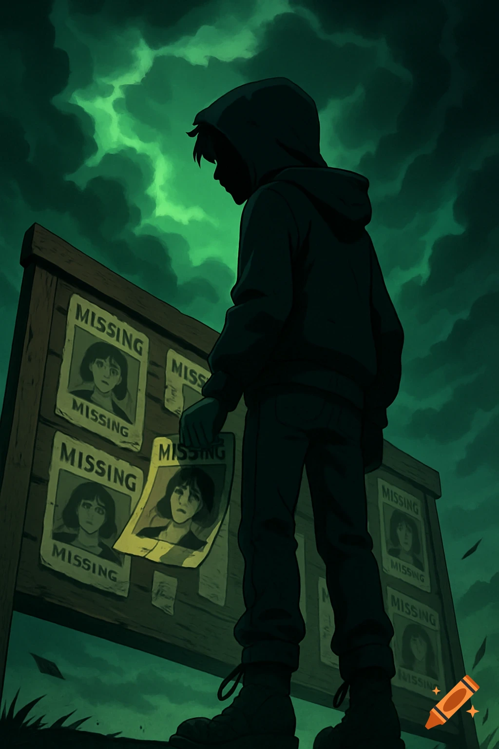 A silhouetted boy in a hoodie looks at missing person posters on a board under a dark green sky in an animated style.