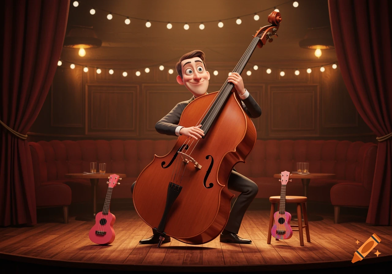 A cartoon man in a suit plays a double bass on stage in a dimly lit club, with two pink ukuleles nearby.