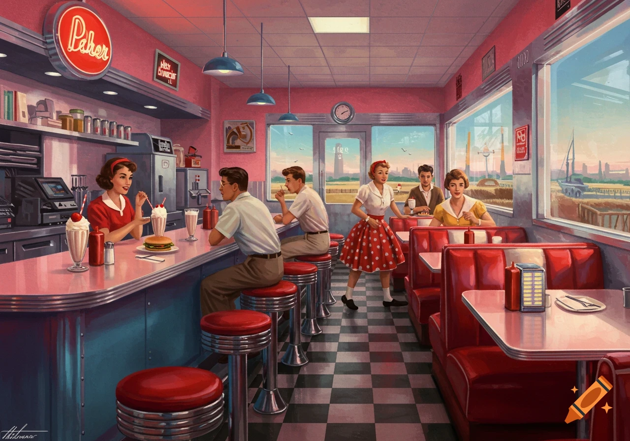 An illustration of a vibrant 1950s diner interior with pink walls and red booths, featuring several customers and a waitress, with futuristic cityscape visible outside the windows.