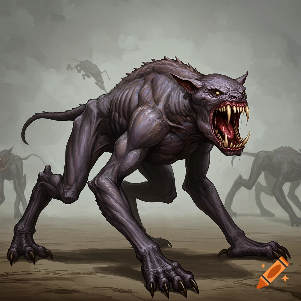 A snarling, purple-skinned quadrupedal monster with large fangs and claws stands on all fours, with other blurry monsters in the misty background.