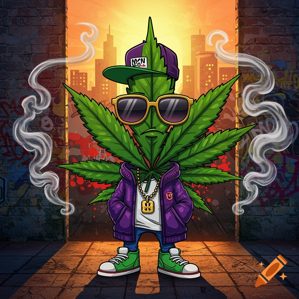 A cartoon cannabis leaf character wearing a purple jacket, green cap, sunglasses, and sneakers, with smoke trails in an urban setting with graffiti and a city skyline.