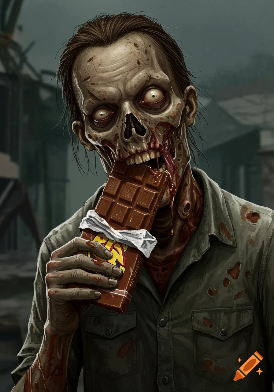 Stylized illustration of a zombie with an exposed skull and blood around its mouth, devouring a large chocolate bar.