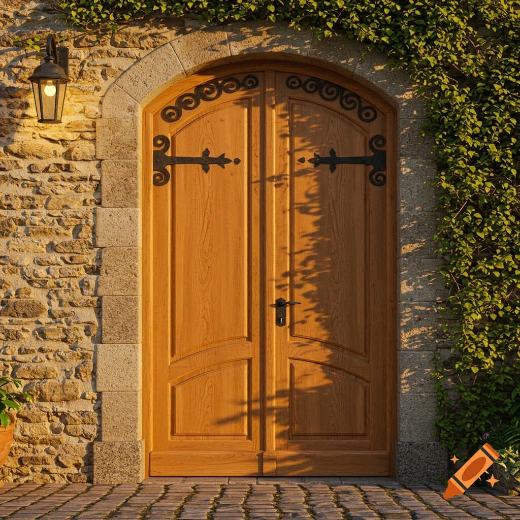 A warm, sunlit arched wooden door set in a stone wall, covered partly by ivy, with a lantern on the left.