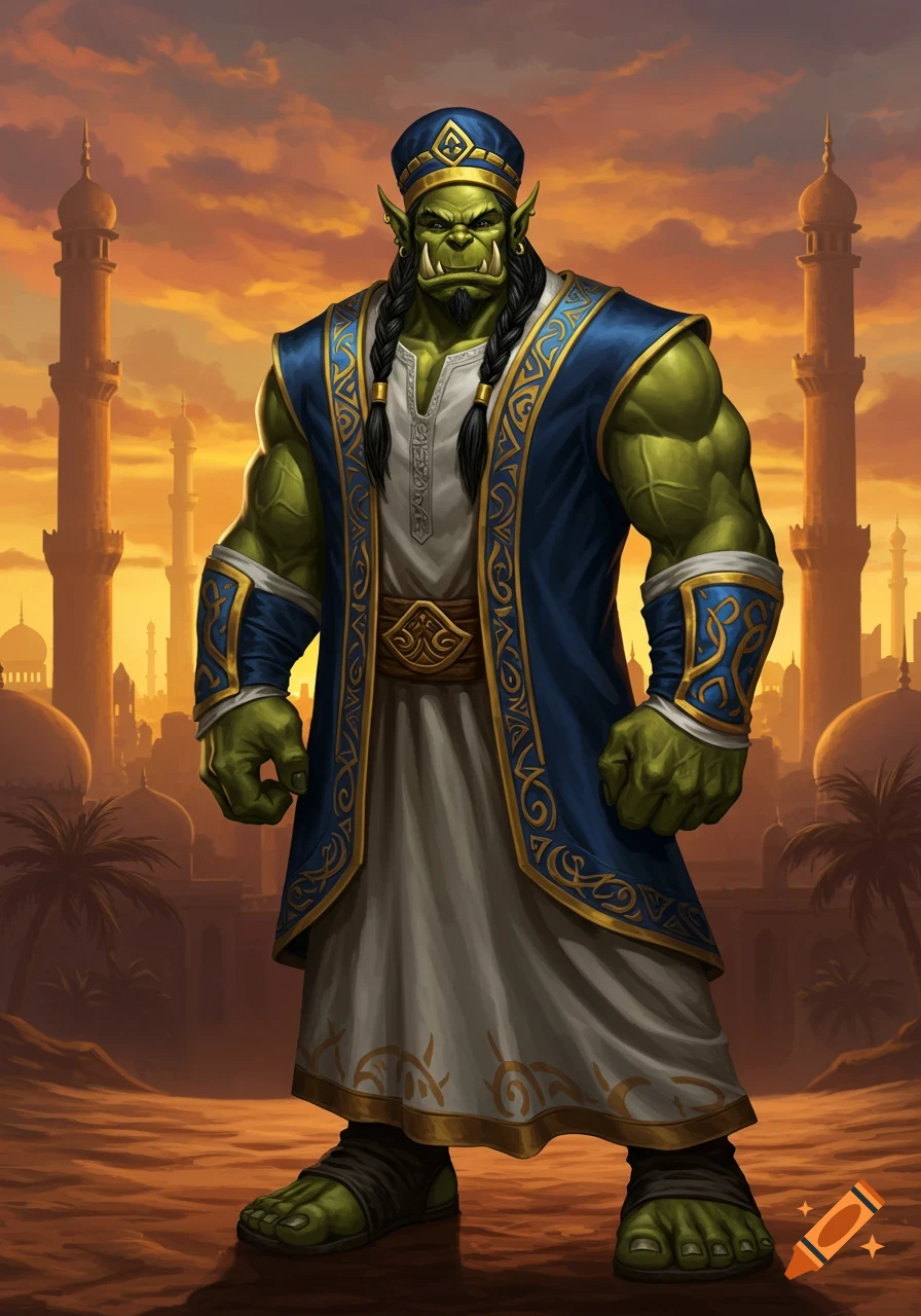 A green-skinned orc in traditional blue and white robes with gold trim and a matching hat stands in a desert city at sunset.