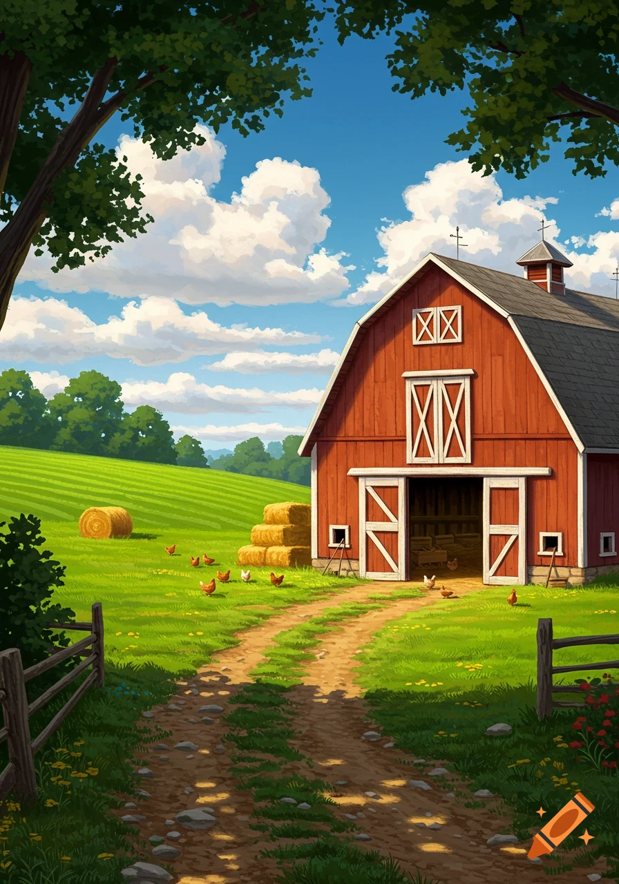 Stylized illustration of a red barn in a lush green field with chickens, hay bales, and a dirt path leading to it under a blue sky.