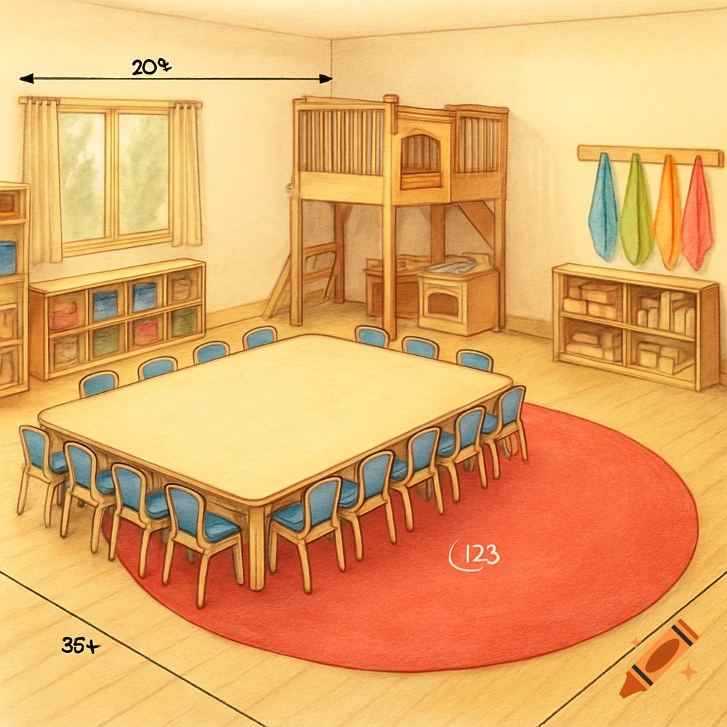 Colorful illustration of a kindergarten classroom with a large table and chairs, a play loft, cubbies, and a red circular rug.