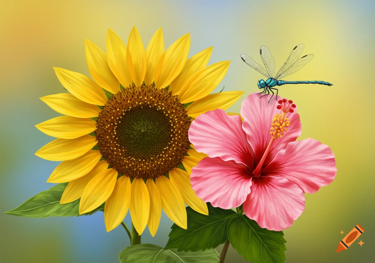 Digital illustration of a vibrant yellow sunflower next to a pink hibiscus flower, with a blue dragonfly perched on the hibiscus.