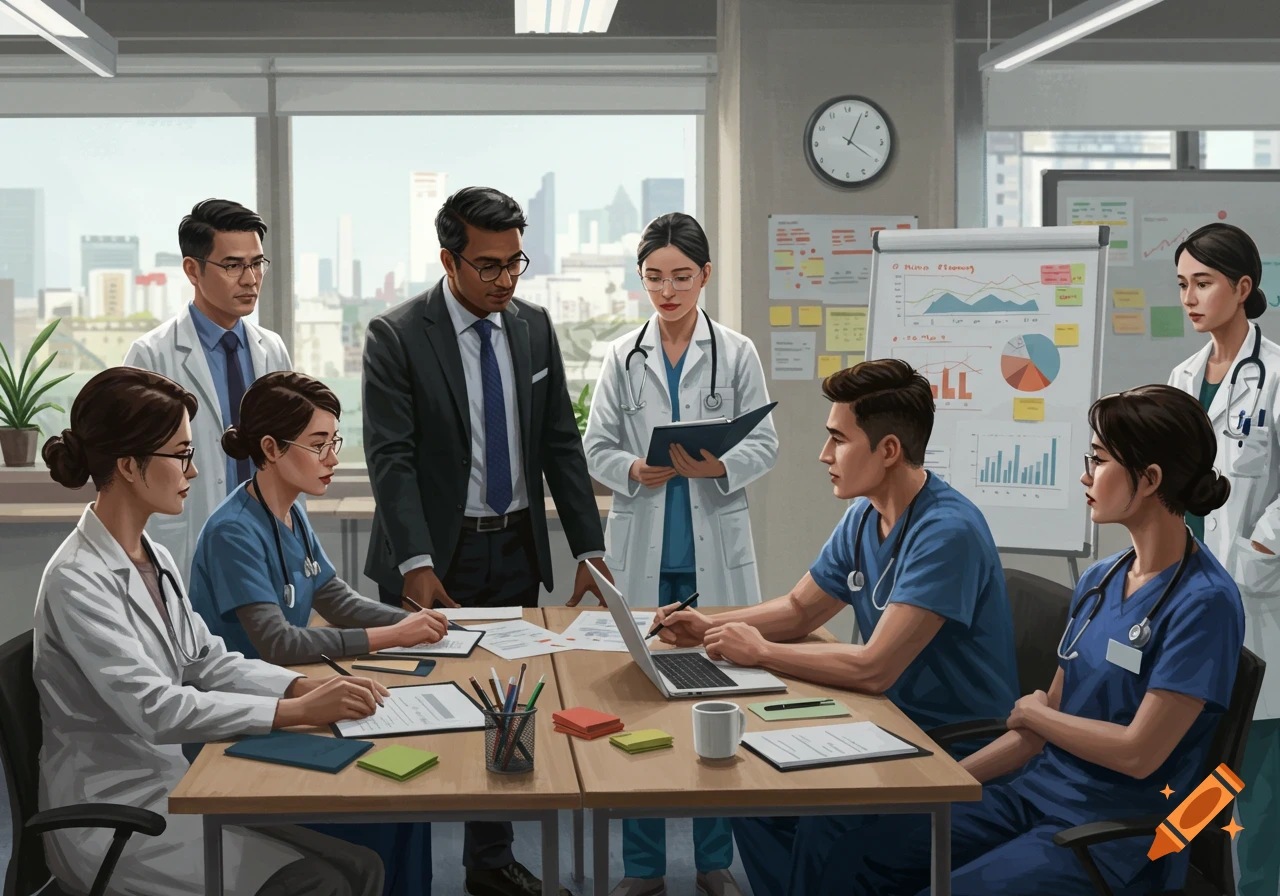 A diverse group of medical professionals and a manager discuss data in a modern office meeting room.