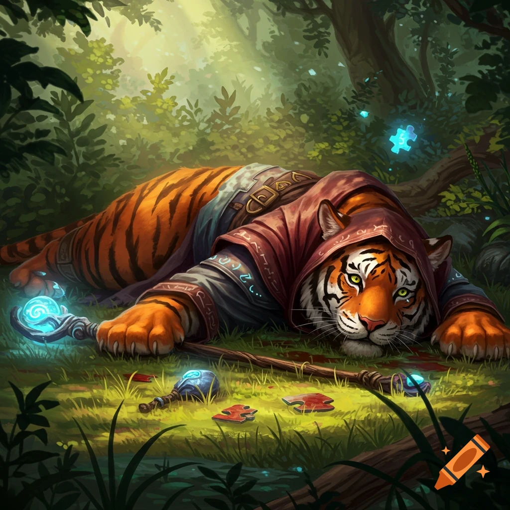 A majestic tiger mage in a red hooded robe lies collapsed in a sun-dappled forest, a glowing staff and puzzle pieces nearby, in a fantasy art style.