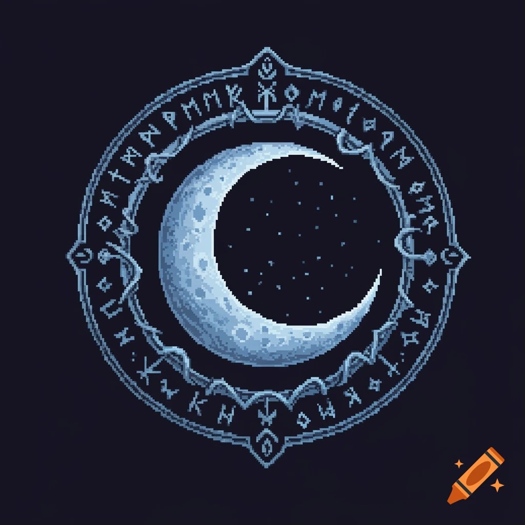 A pixel art image of a crescent moon with stars inside an ornate circular sigil featuring stylized symbols.