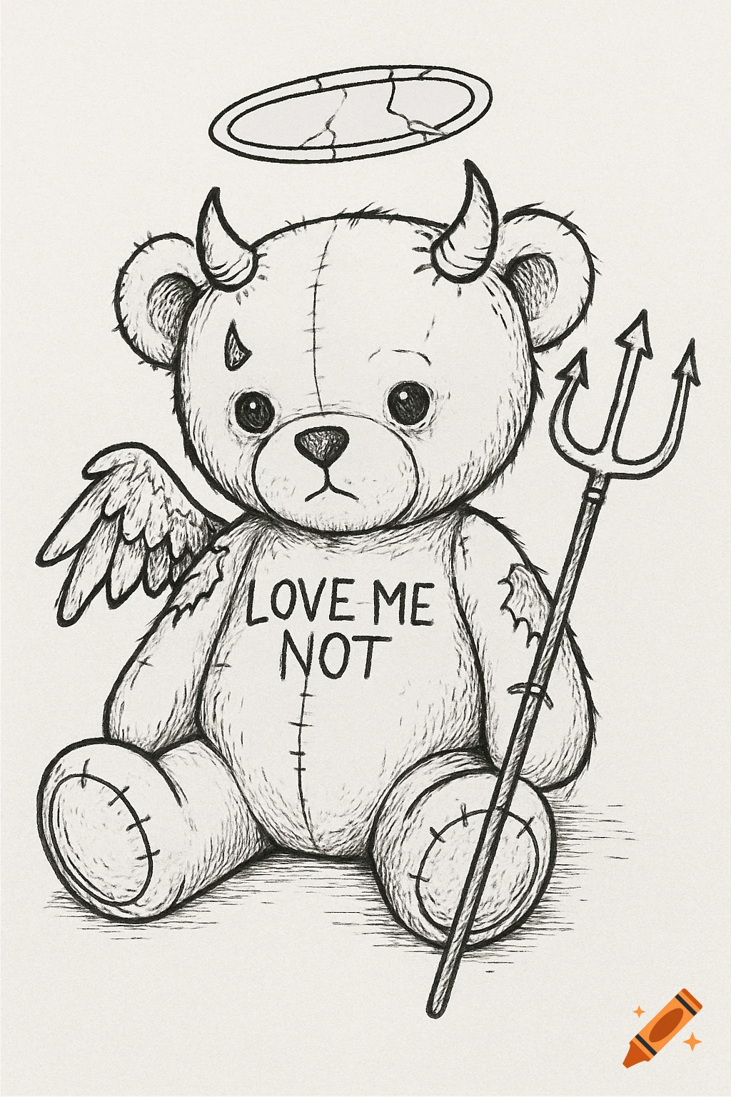 A sketch illustration of a teddy bear with devil horns, small wings, a pitchfork, and a cracked halo, with "LOVE ME NOT" on its chest.