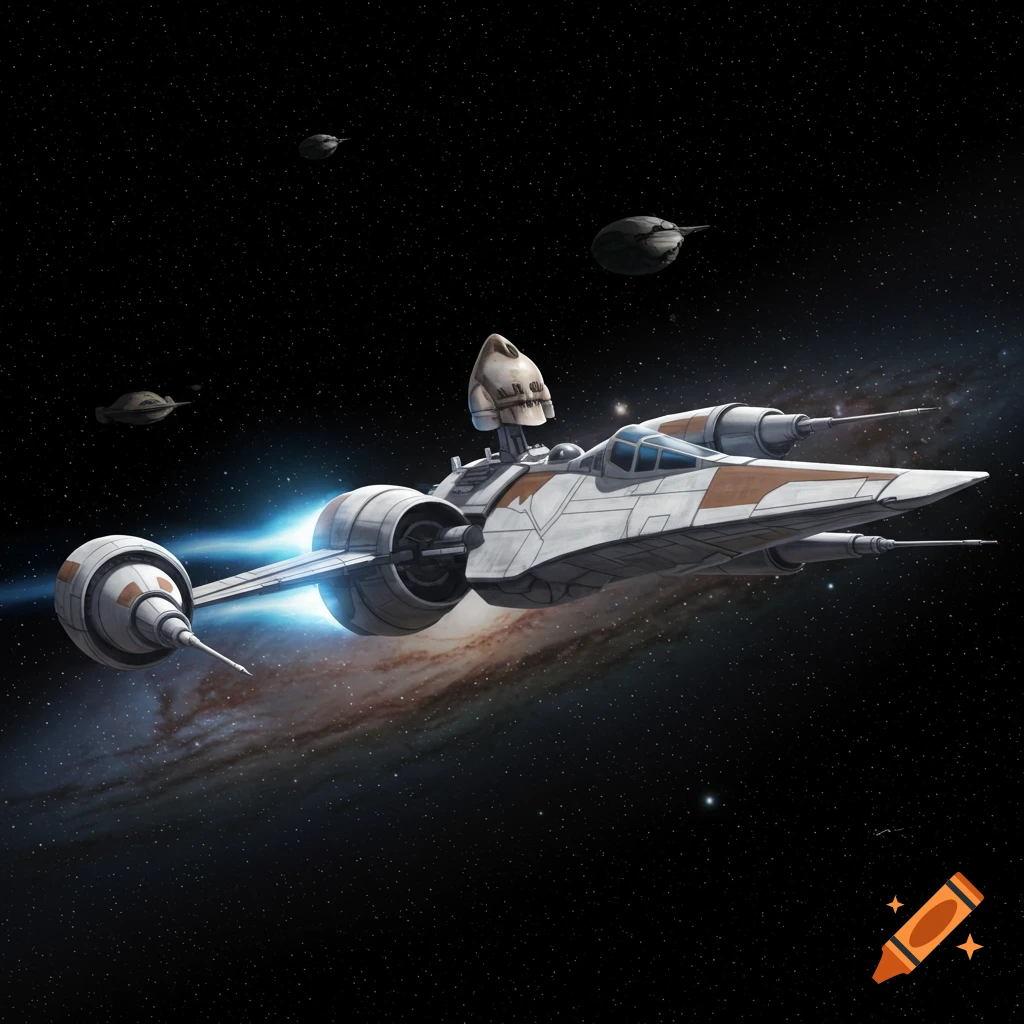 A white and brown spaceship with glowing blue engines flies through space with a distant galaxy and other smaller ships.