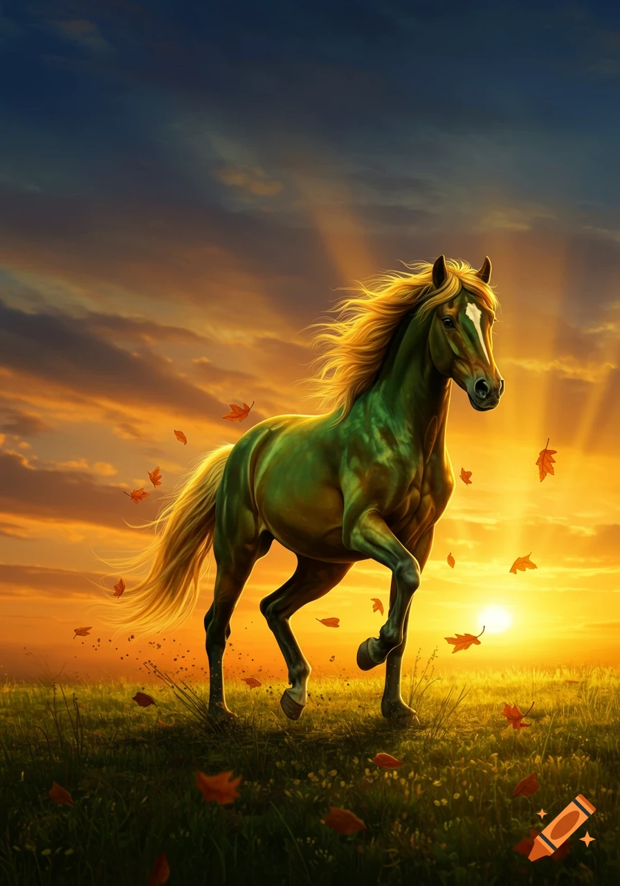 A vibrant green and gold horse gallops through a field with autumn leaves at sunset.