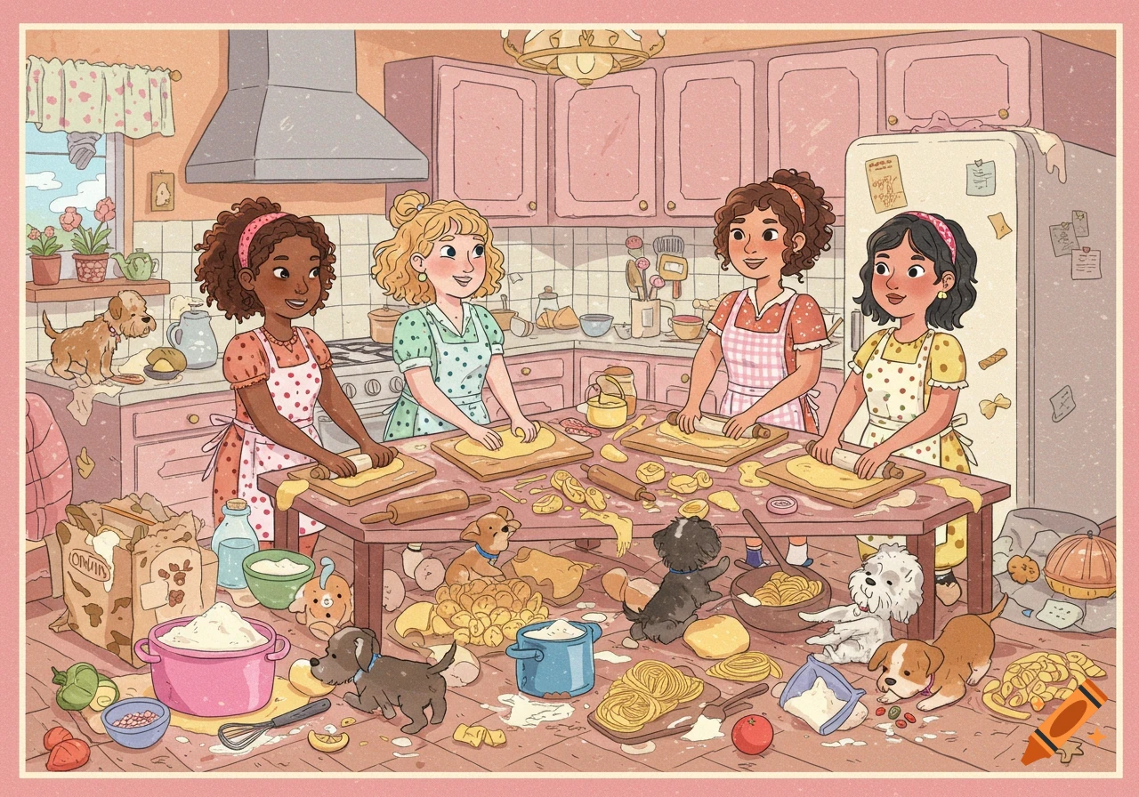 Four women and several puppies making pasta from scratch in a messy kitchen, depicted in a charming cartoon style.