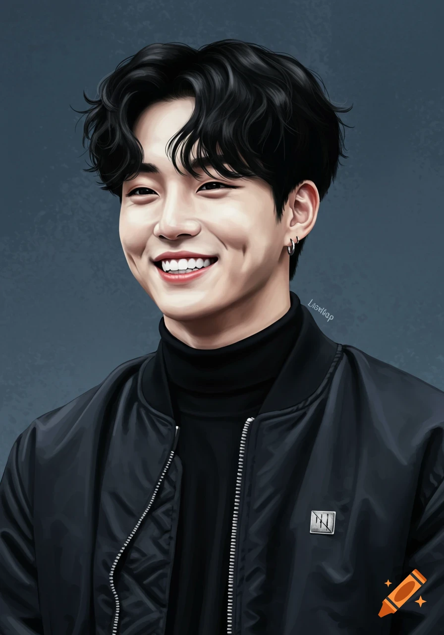 A smiling male K-Pop idol with black wavy hair, dimples, wearing a black turtleneck and bomber jacket, in a digital art style.