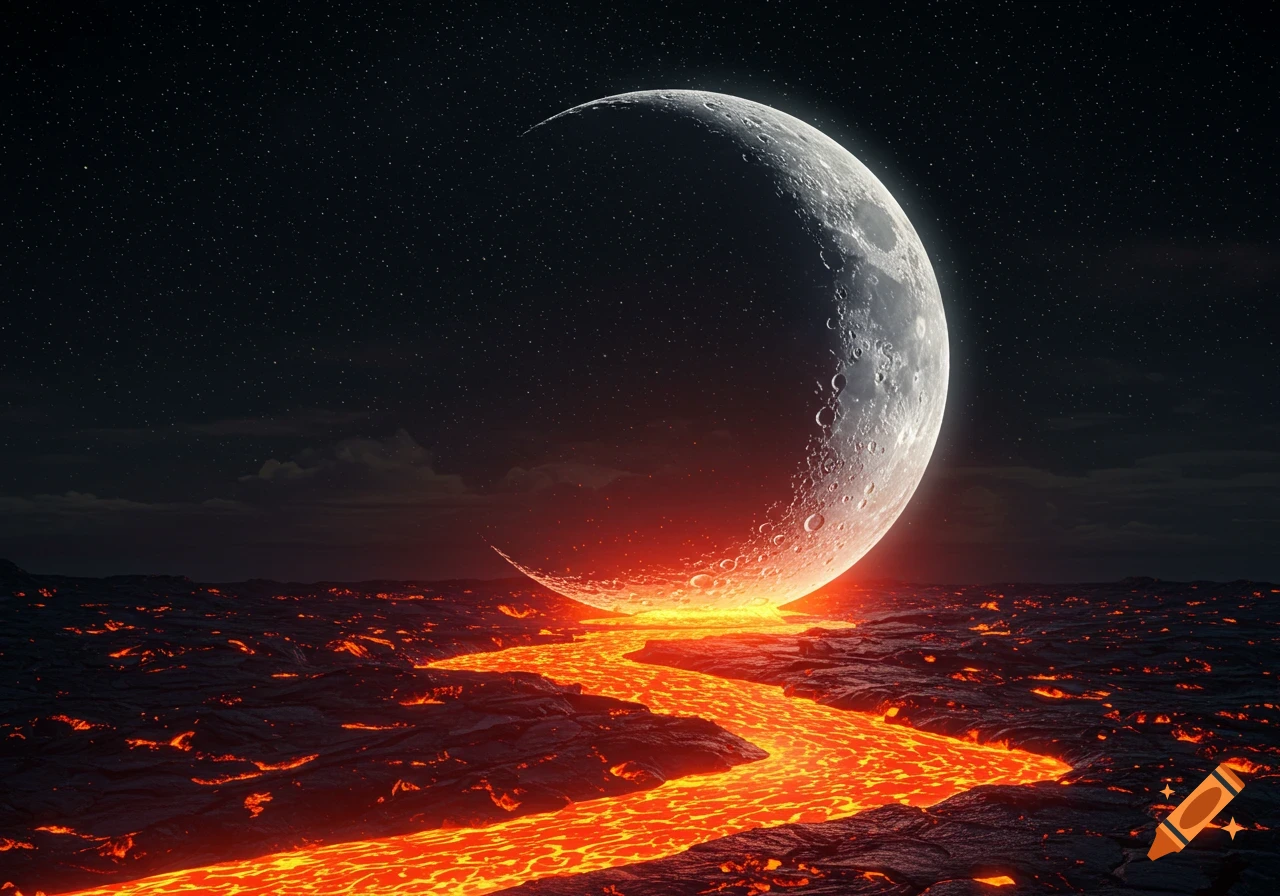 A large crescent moon appears to emerge from or melt into a fiery river of glowing lava on a dark, star-filled landscape.