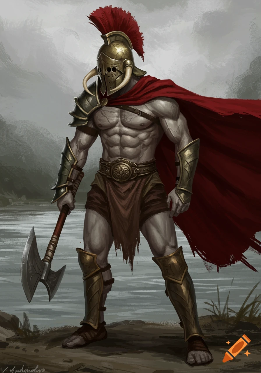 A muscular gladiator with grayish skin, a golden helmet with tusks and red plume, red cape, and bronze armor, holding a large axe, standing by a river.