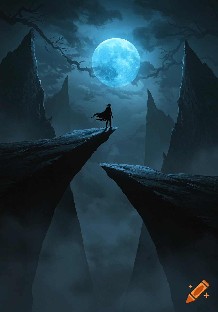 A silhouette of a figure in a cape stands on a jagged cliff overlooking a vast chasm under a large, glowing blue moon.