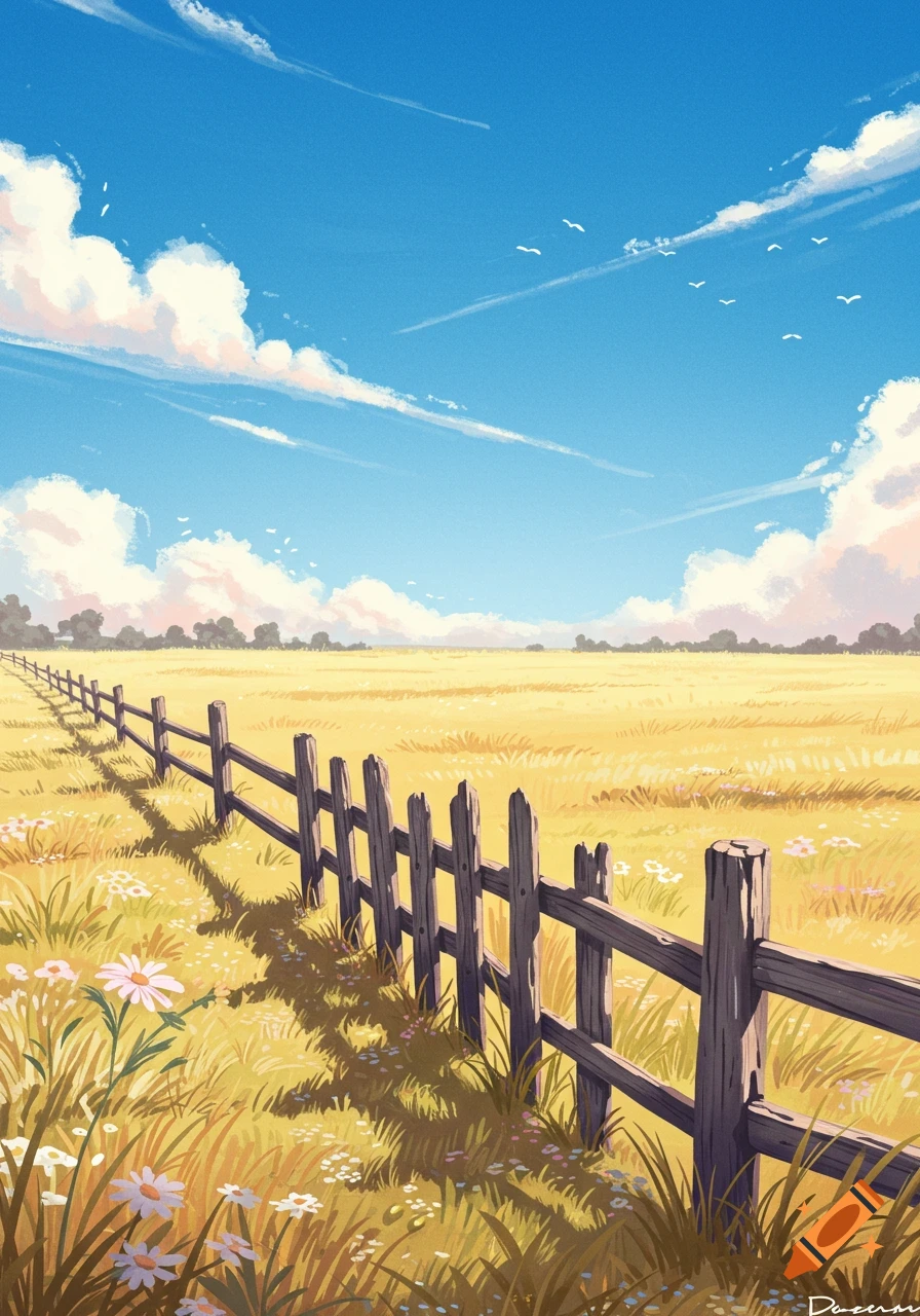 A vibrant anime-style landscape featuring a golden field under a bright blue sky with fluffy clouds, bordered by a wooden fence.