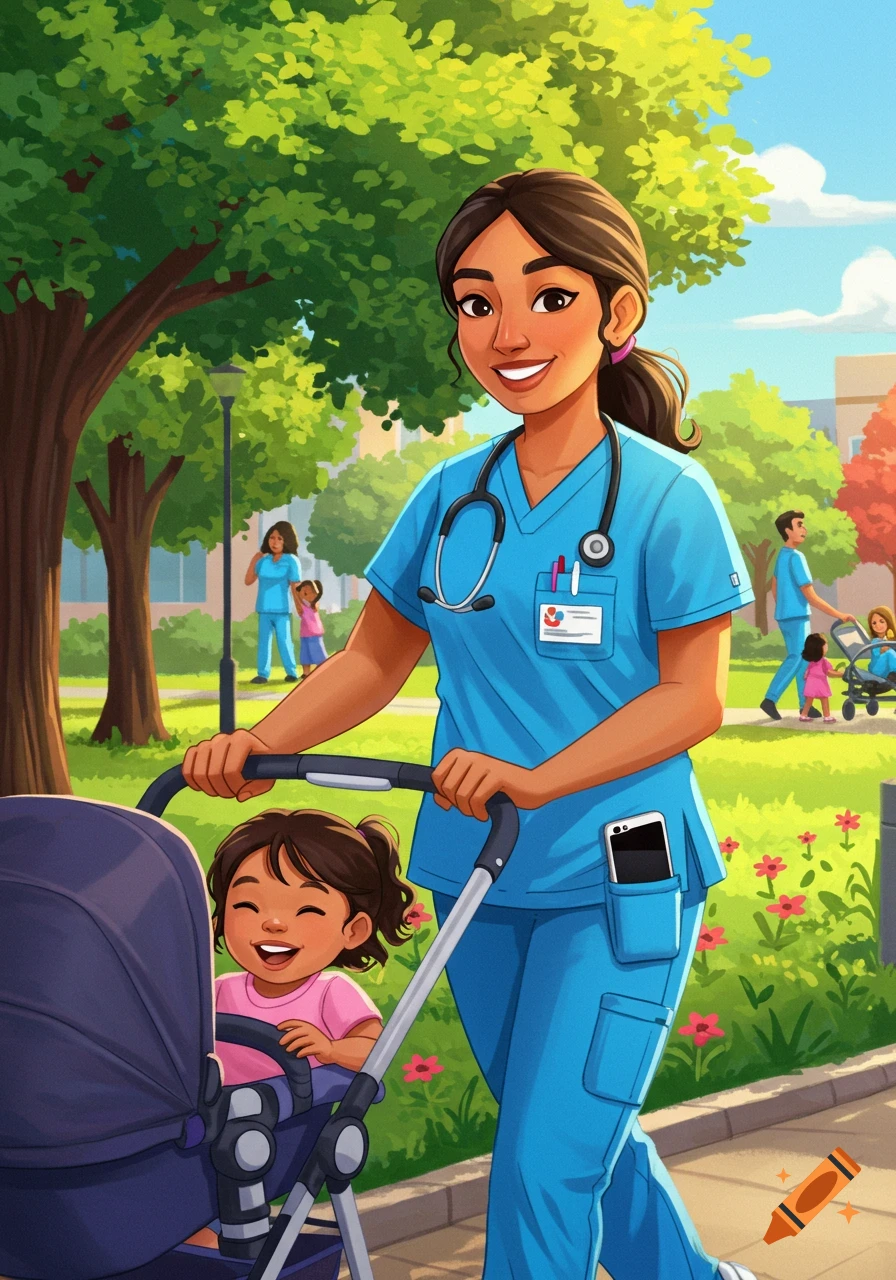 Cartoon illustration of a smiling nurse in blue scrubs pushing a stroller with a happy child in a sunny park setting.