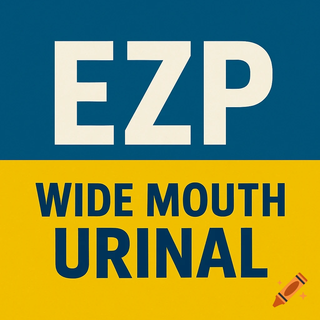 A blue and yellow graphic with the words EZP WIDE MOUTH URINAL in bold white and blue text.