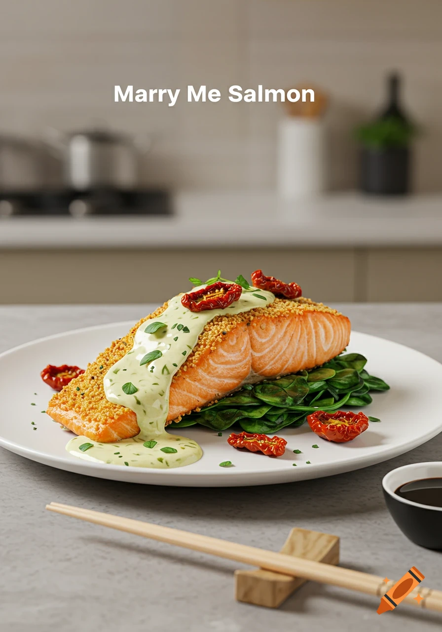 Photorealistic baked salmon fillet with crispy topping, creamy green sauce, and spinach on a white plate, with chopsticks in the foreground.